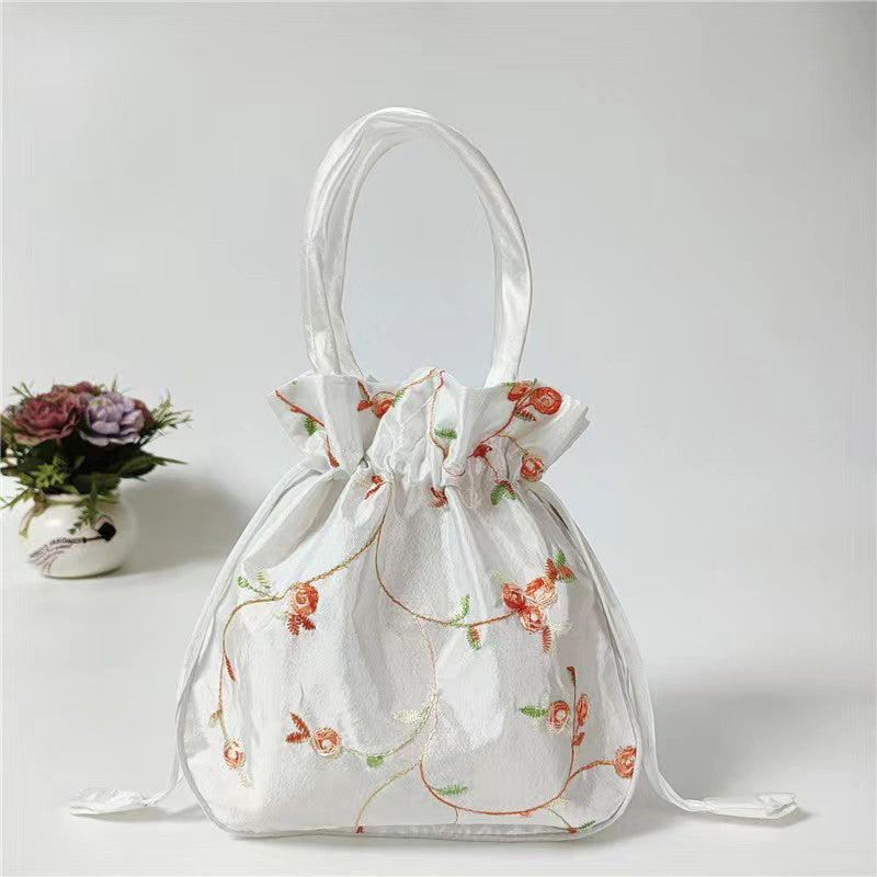 Elegant Floral Embroidered Drawstring Clutch – Cute Bucket Purse with Polyester Lining for Coins & Phone (Multiple Colors)