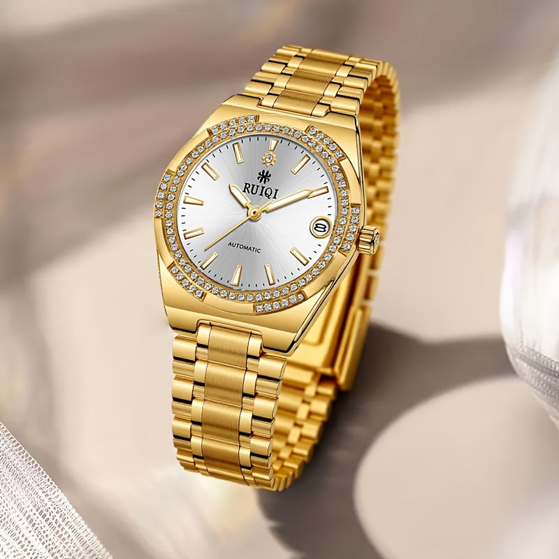 Automatic Mechanical Women's Watch — Rhinestone Dial, Calendar, Luminous Hands, Battery-Free, Stainless Steel Band
