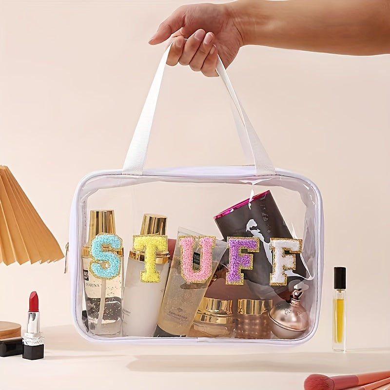 Large Transparent Makeup Organizer Bag with SURF Embroidery | Foldable Travel Cosmetic Pouch with Double-Handle Zipper