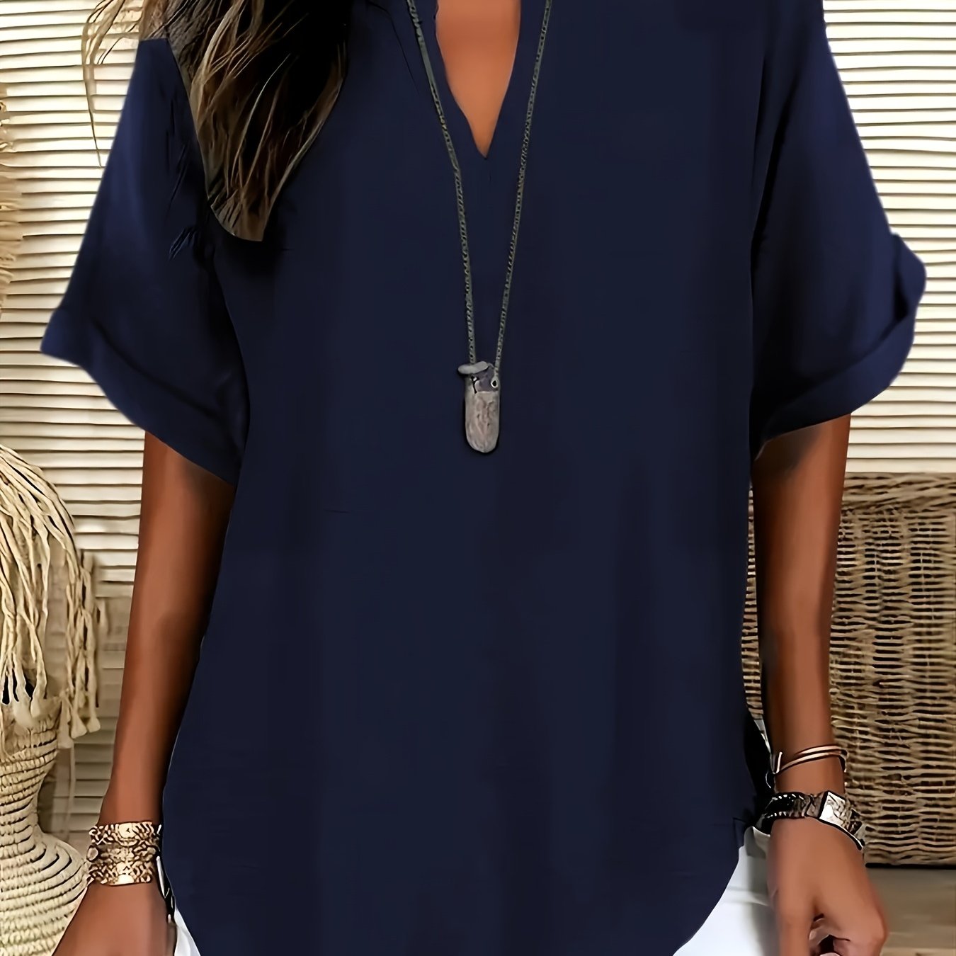 Plus Size V-Neck Blouse - Women's Short Sleeve Loose Batwing Top with Flared Hem, Stretchy Casual Shirt