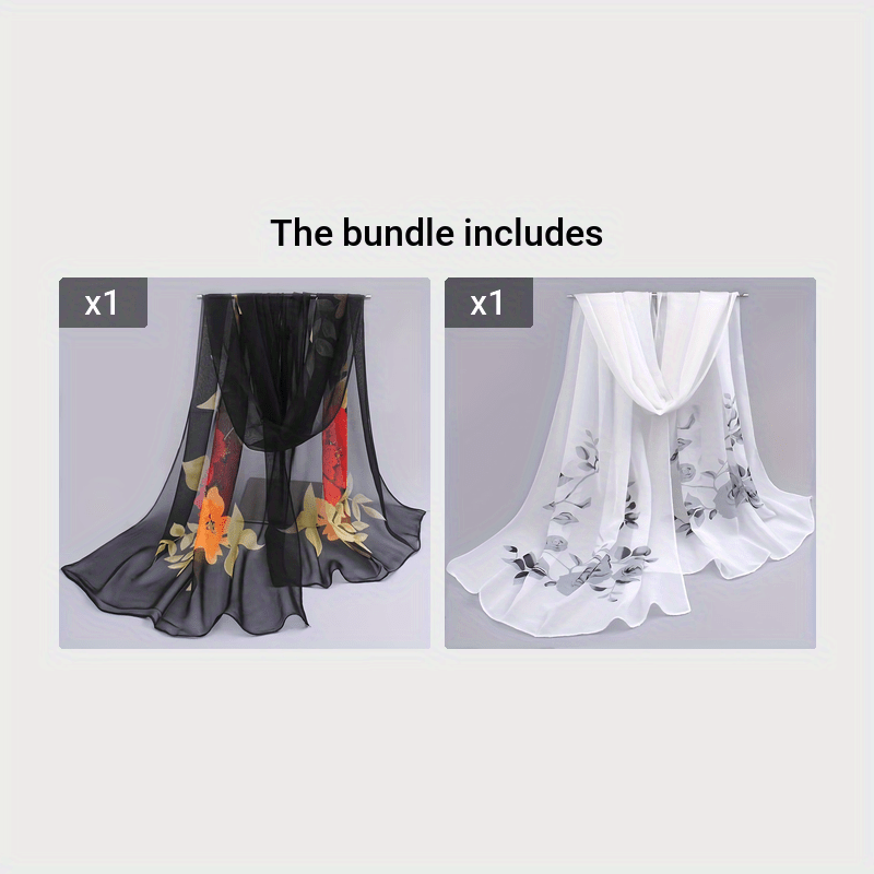 Floral Chiffon Scarf for Women - Lightweight Long Shawl with Yellow & Red Flower Print on Black