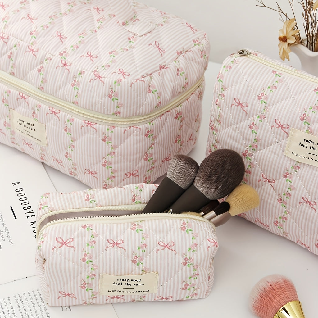 3-Pack Quilted Floral Cosmetic Bags for Women – Travel Makeup Organizer Set, Durable Polyester Pouches