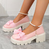 Women's Bow Accent Penny Loafers with Faux Pearl Ankle Strap, Chunky Heel Platform