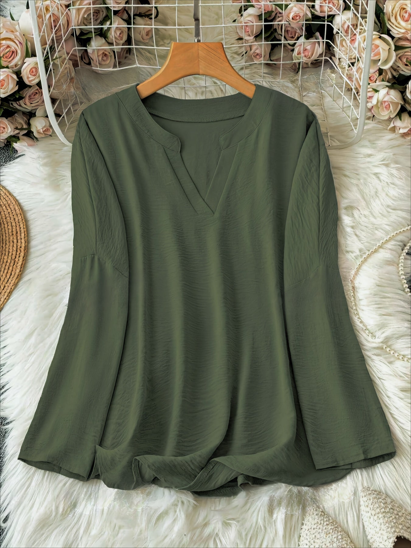 Women's Olive Green V-Neck Loose Fit Blouse - Long Sleeve Drop Shoulder Casual Polyester Top