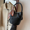 Women's Woven Bucket Handbag & Crossbody Bag - Detachable Strap, Gold-Tone Hardware, PU Leather Tote (Black, Beige, Green, Dark Brown)