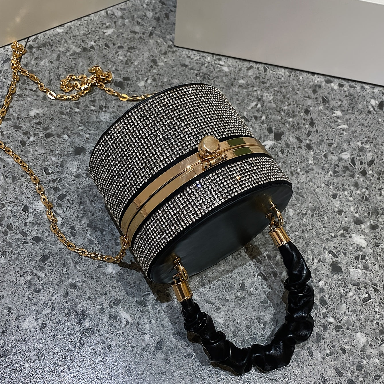 Mini Rhinestone Bucket Bag – Ruched Chain Shoulder Evening Purse, 3.9 x 4.7 x 4.7 in (10 x 12 x 12 cm)