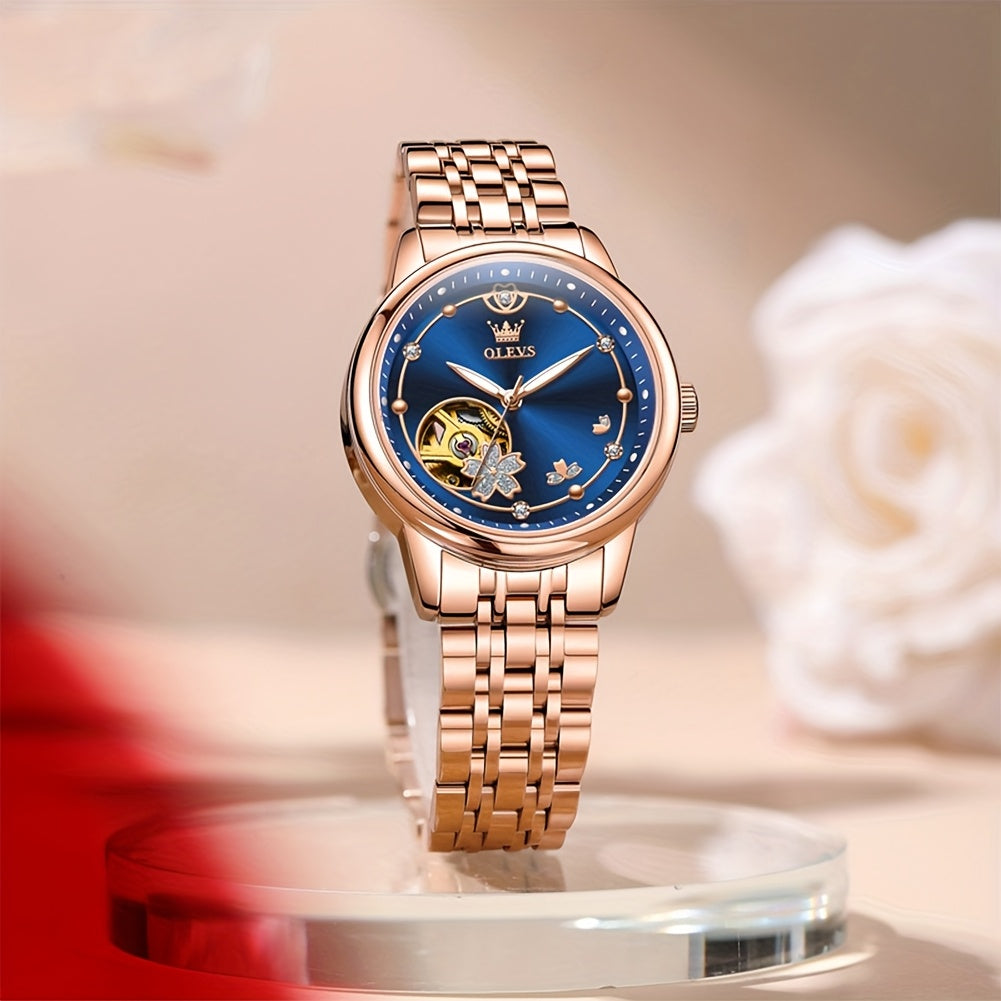 OLEVS Women's Automatic Mechanical Watch – Rose Gold Stainless Steel, Luminous Hands, Chronograph & 24-Hour Display – Luxury Dress Watch, No Battery