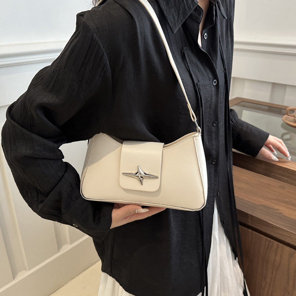 Textured Underarm Baguette Bag for Women – PU Shoulder & Crossbody with Lock Closure, Black (Also White)