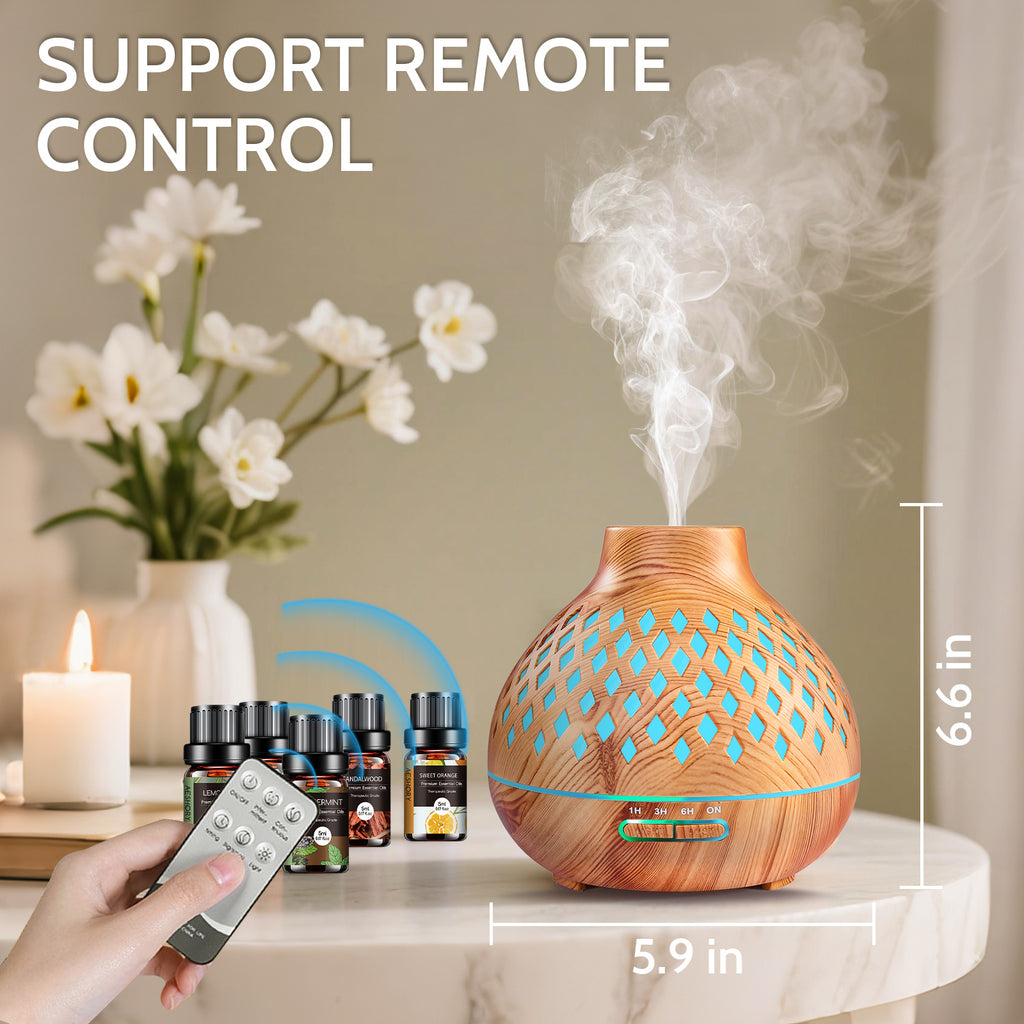 550ml (18.6 fl oz) Ultrasonic Essential Oil Diffuser with 12-Pack Oils, Remote, 7-Color LED & Timers — Large Aroma Humidifier for Bedroom Spa Yoga Hotel