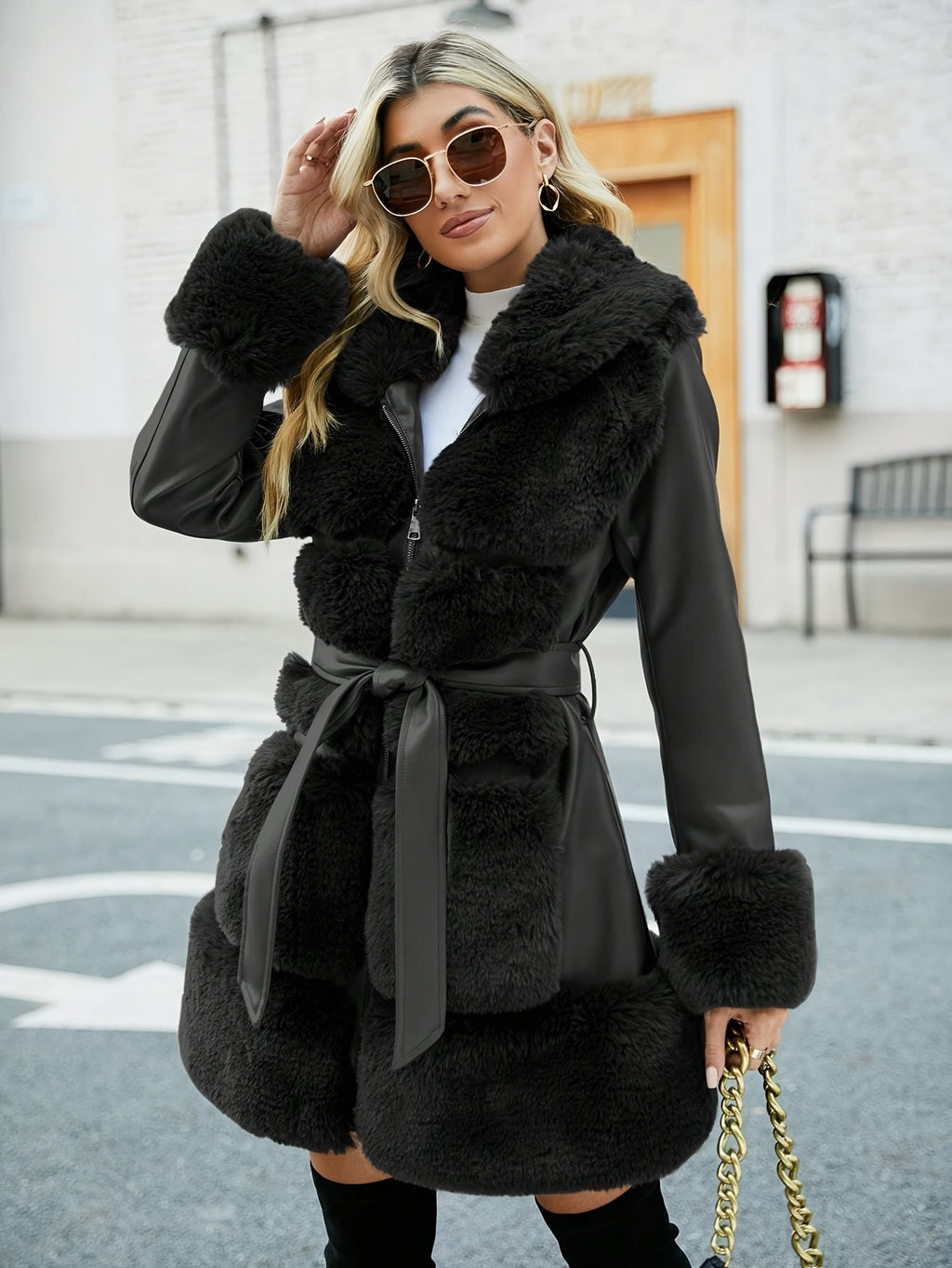 Women's Faux Fur-Lined PU Leather Jacket with Belt – Brown Casual Fall/Winter Coat with Front Pockets