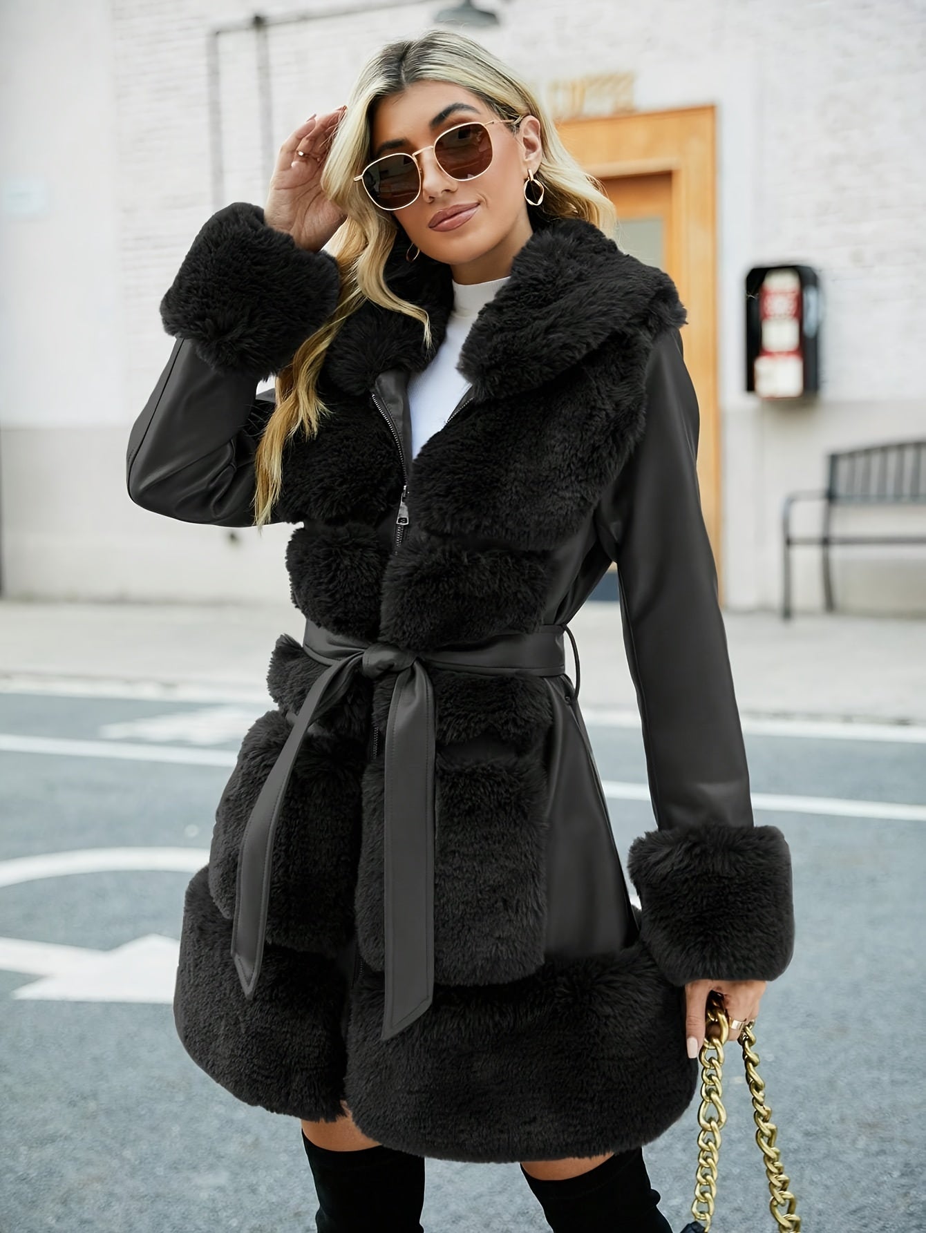 Women's Faux Fur-Lined PU Leather Jacket with Belt – Brown Casual Fall/Winter Coat with Front Pockets