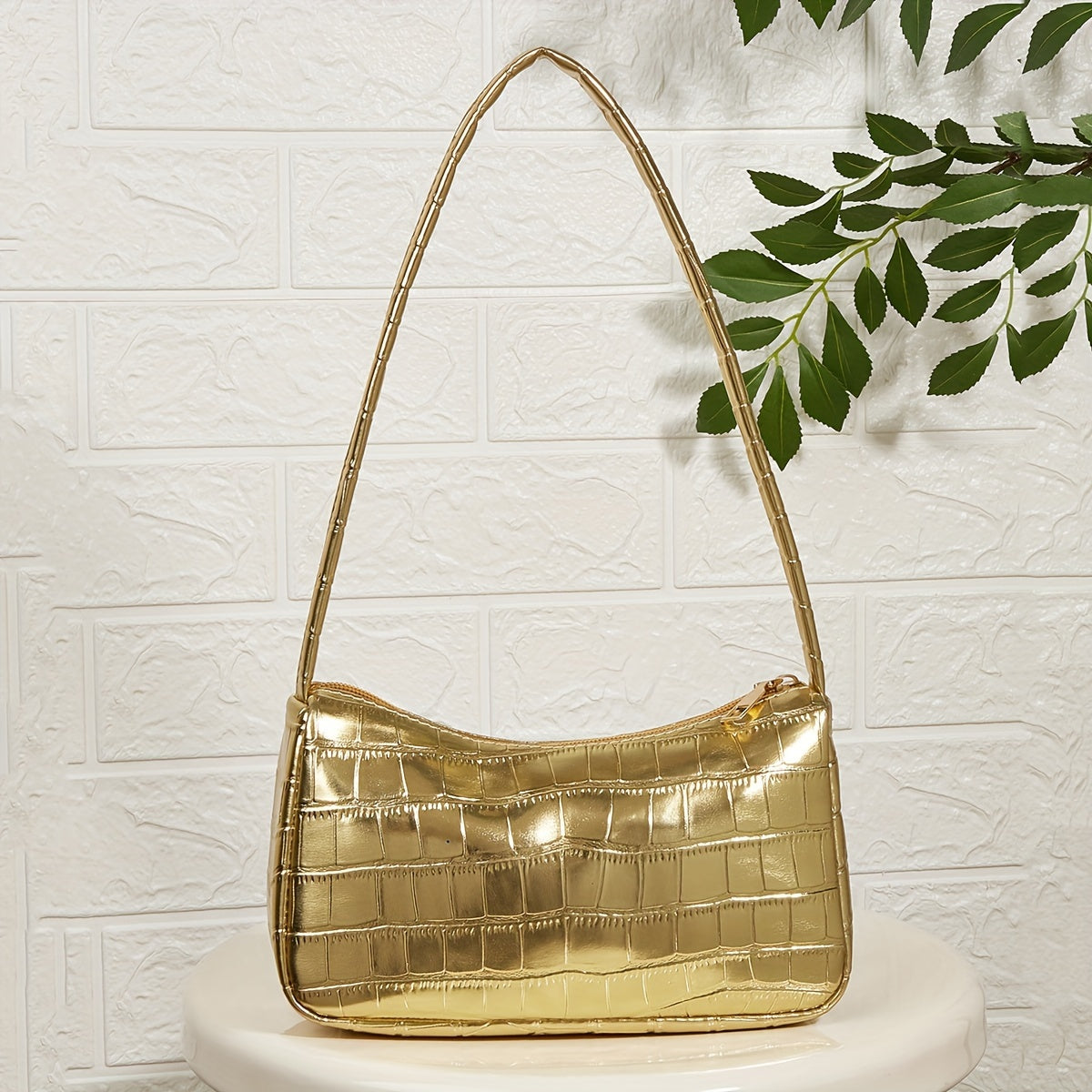 Golden Crocodile-Embossed Shoulder Baguette Bag for Women, Metallic Underarm Purse — Chic Everyday & Mother's Day Gift