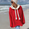 Women's Oversized Hooded Knit Sweater - Cozy Acrylic Pullover with Drawstring Hood, Long Sleeve, Black with Cream Accents