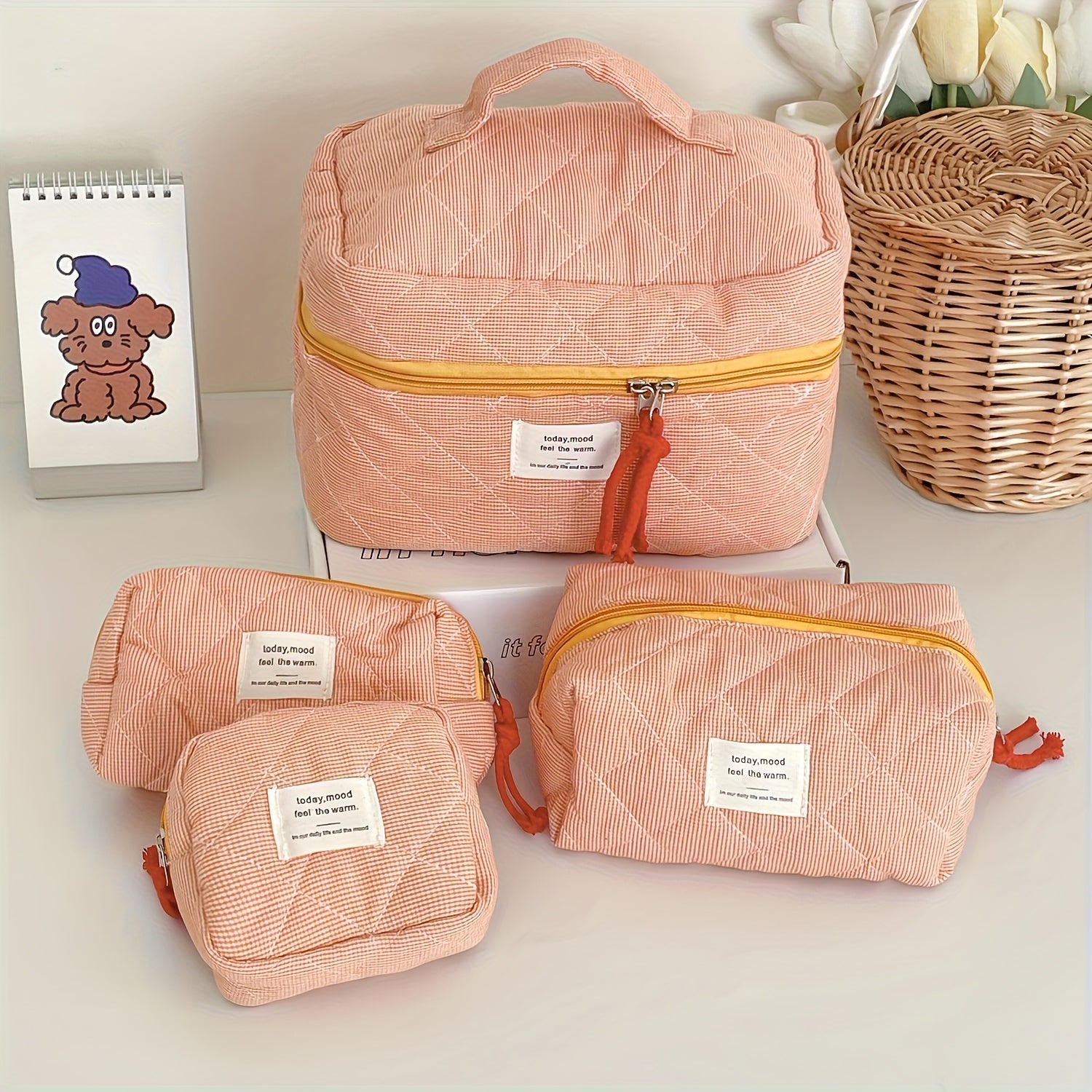 4-Piece Classic Plaid Makeup Bag Set - Minimalist Color-Block Large Capacity Travel Cosmetic Organizers for Women