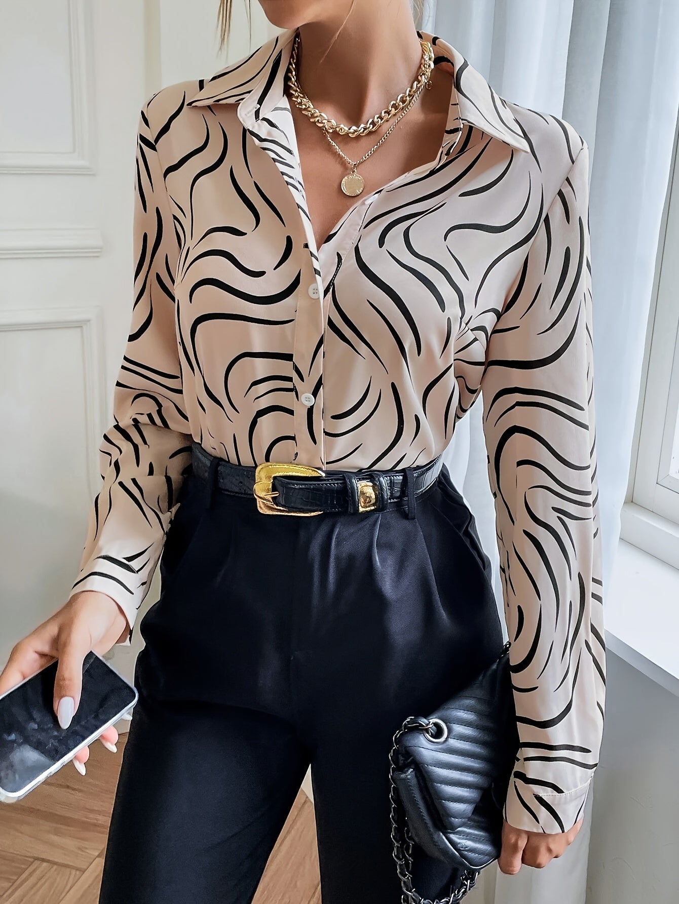 Women's Printed Long-Sleeve Button-Up Blouse, Polo Collar, 100% Polyester — Elegant Office Shirt for Spring & Fall