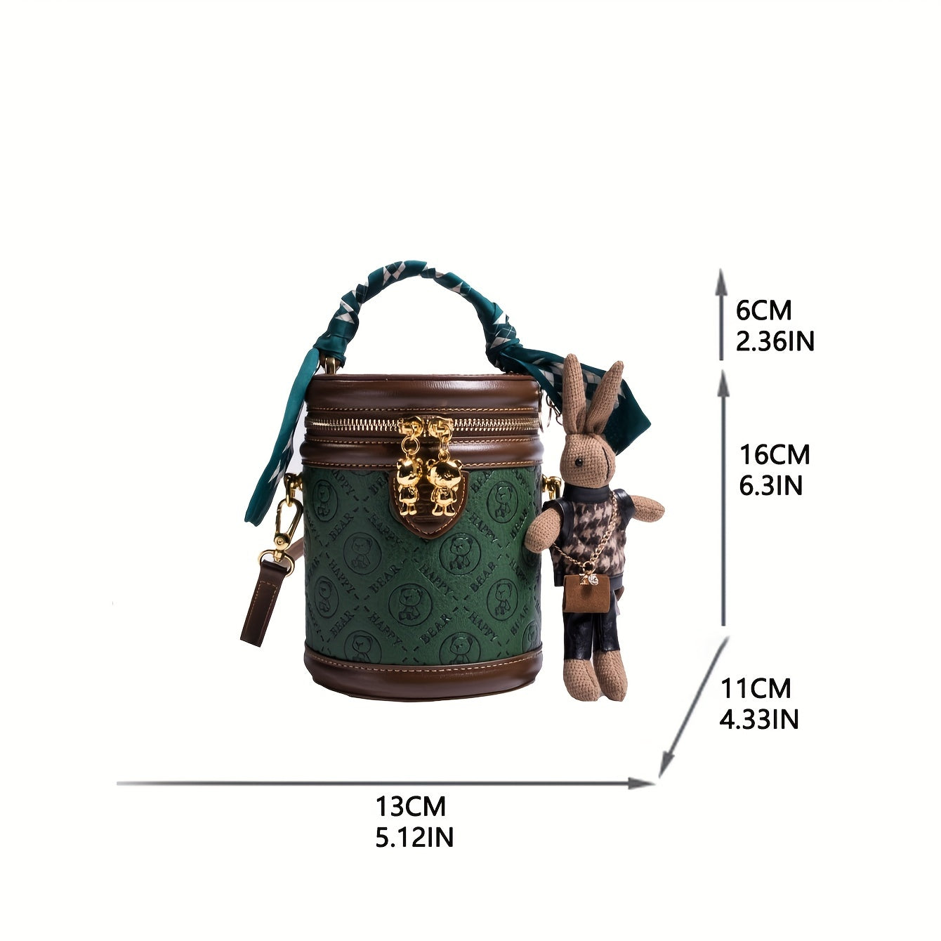 Mini Bear Cylinder Bucket Bag with Scarf - Women's PU Leather Crossbody, Animal Print