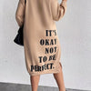 Plus Size Navy Oversized Sweaterdress - Midi A-Line Pullover with 'It's Okay Not to Be Perfect' Print, Medium Stretch, Machine Washable