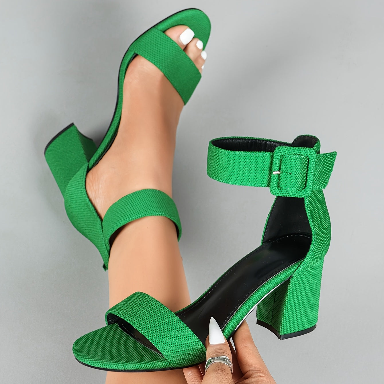 Lightweight Breathable Women's Knit Heeled Sandals - Minimalist Open Toe Block Heel with Adjustable Ankle Strap, 11 Colors