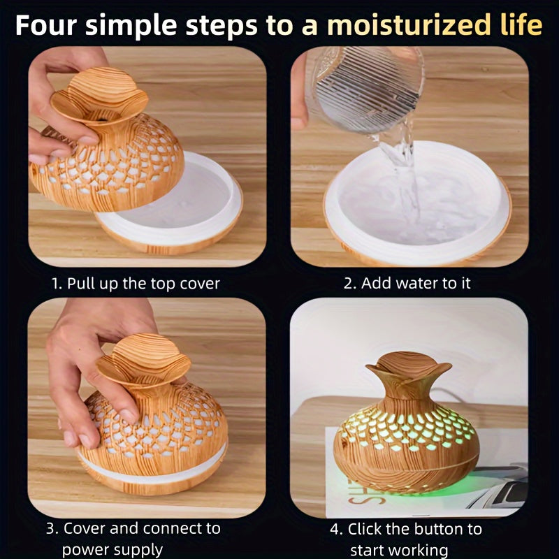 USB-Powered Wood Grain Flower Humidifier & Desk Lamp — Essential Oil Diffuser for Home & Office