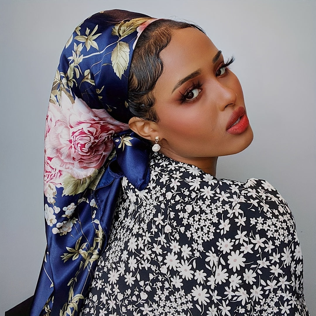 Black & Yellow Printed Square Scarf — Lightweight Women's Square Shawl, Hand-Washable Headwrap & Windproof Fashion Accessory