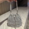 White Pleated Banquet Skirt Bag – Sparkling PU Drawstring Evening Messenger Bag for Weddings & Parties