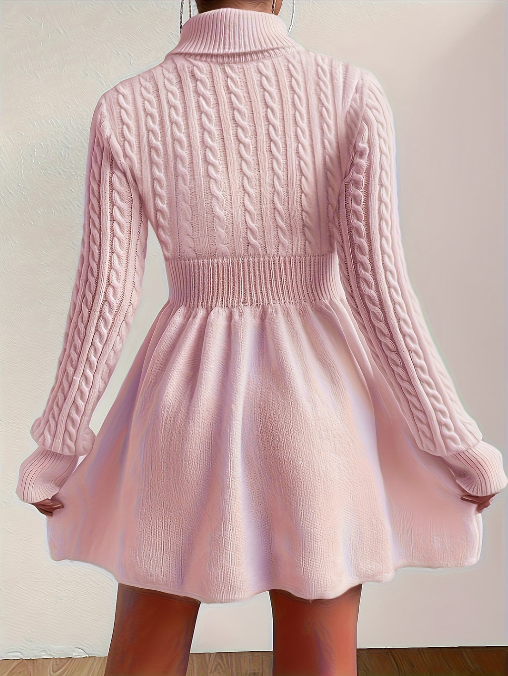 Cable Knit Turtleneck Sweater Dress - Slim-Fit A-Line Long Sleeve in Soft Pink