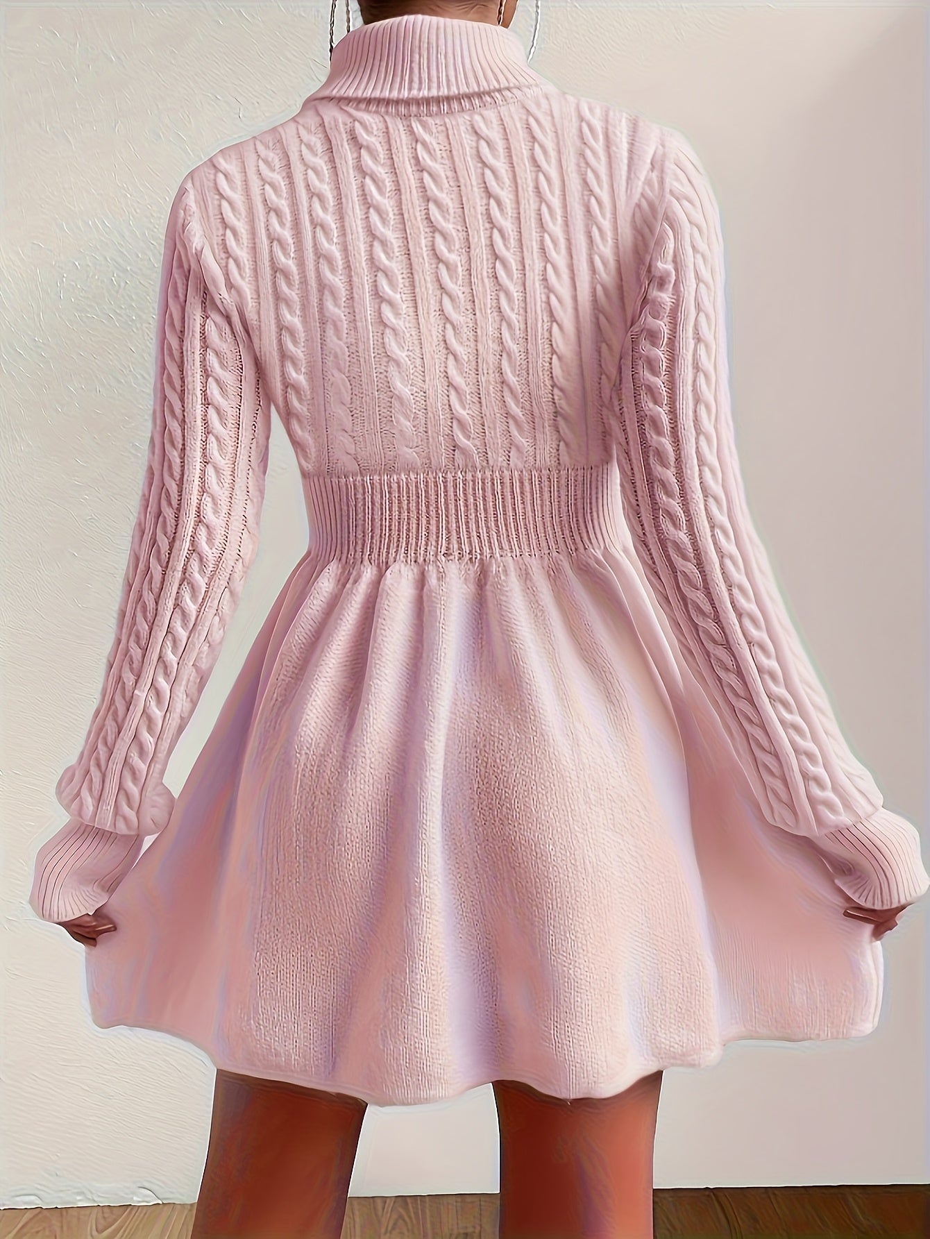 Cable Knit Turtleneck Sweater Dress - Slim-Fit A-Line Long Sleeve in Soft Pink