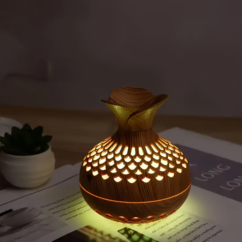 USB-Powered Wood Grain Flower Humidifier & Desk Lamp — Essential Oil Diffuser for Home & Office