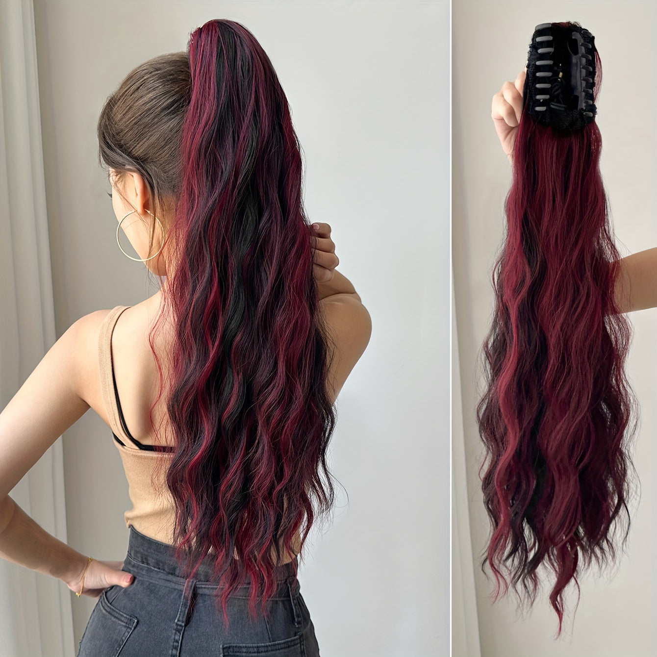 Clip-In Claw Ponytail Extension — Water Wave Wavy Curly Synthetic Hairpiece for Women (Dark Brown/Black)