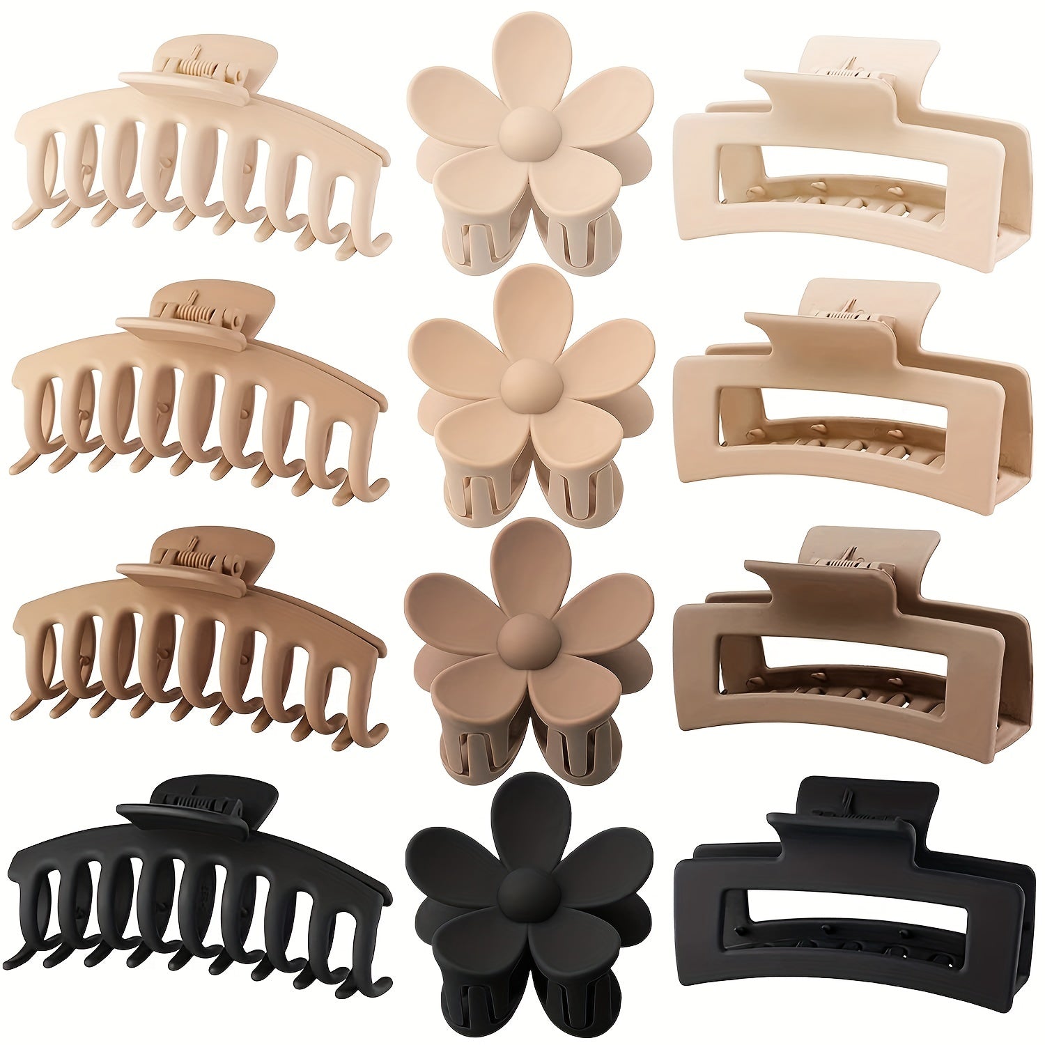 12-Pack 11 cm (4.3 in) Vintage Minimalist Frosted Flower Shark Hair Clips – Matte Hollow Oblong Plastic Set