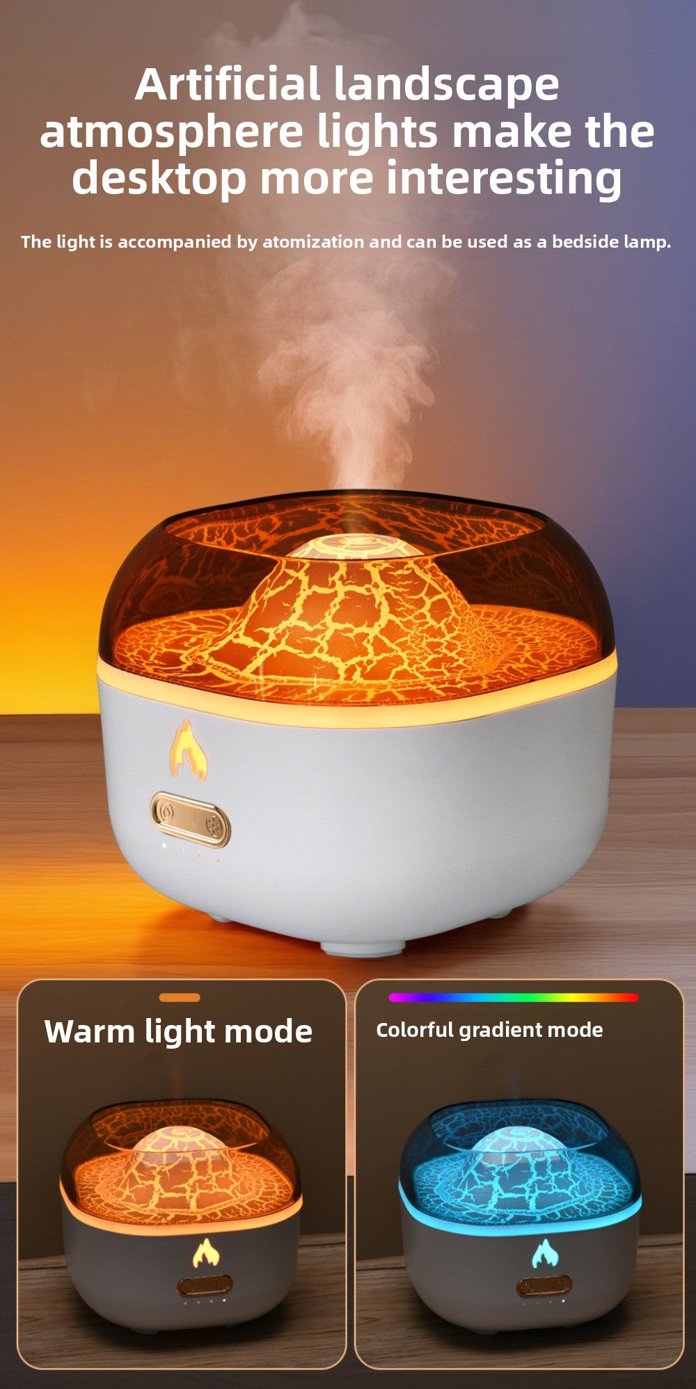 7-Color USB Volcano Aromatherapy Diffuser Humidifier with Ambient Nightlight for Home, Office & Car