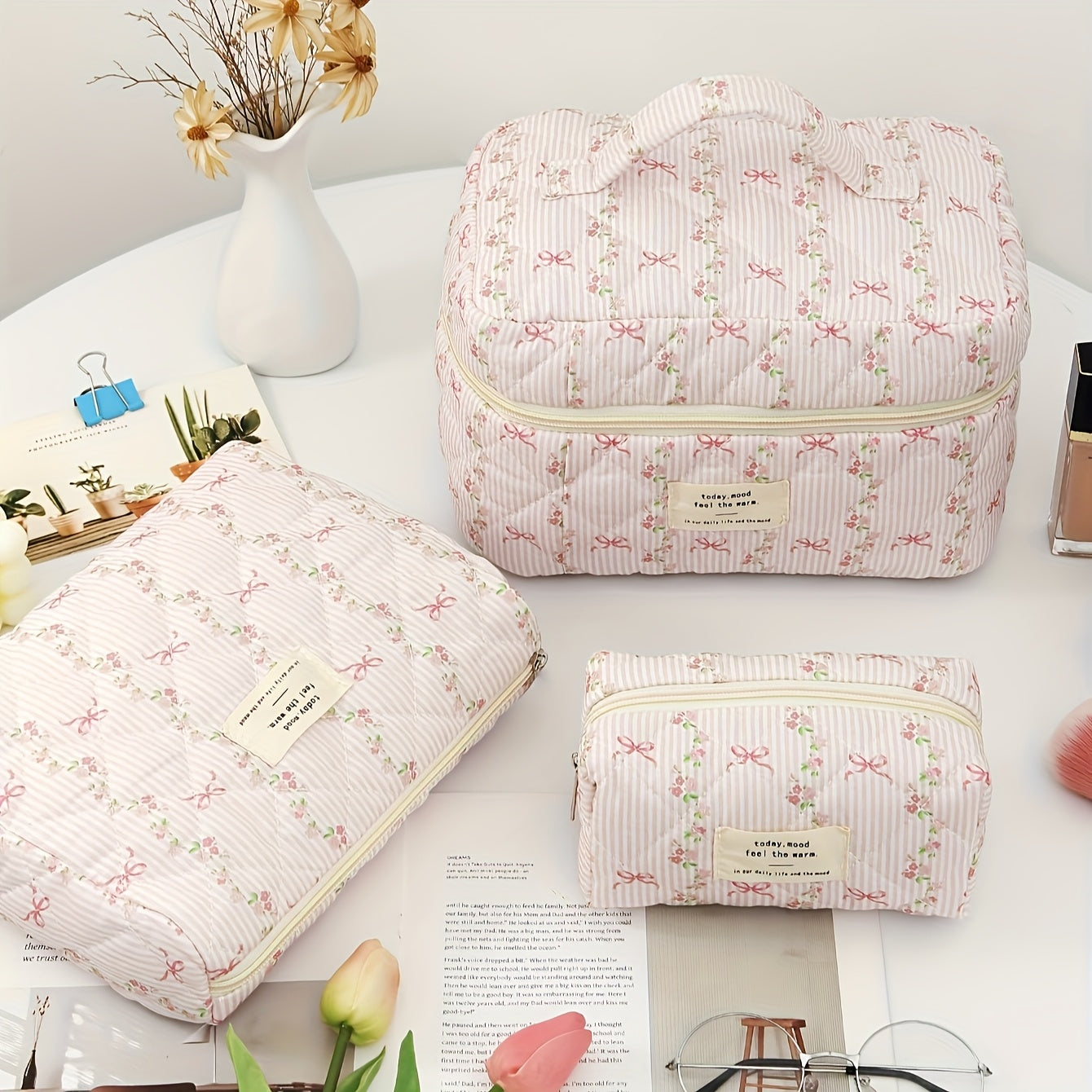 3-Pack Quilted Floral Cosmetic Bags for Women – Travel Makeup Organizer Set, Durable Polyester Pouches