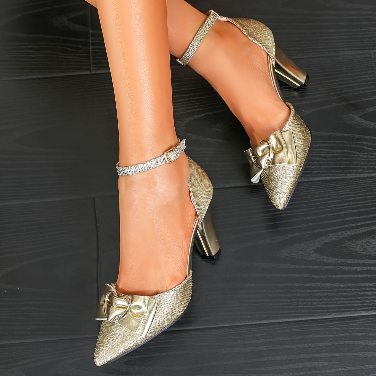 Women's Pointed Toe Butterfly Bow Block Heel Pumps — Hollow Accent, Buckle Closure