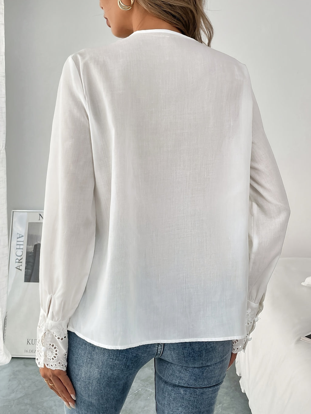 Women's Elegant V-Neck Long Sleeve Embroidered Ruffle Neck Blouse - Lightweight Woven Polyester for Spring/Summer