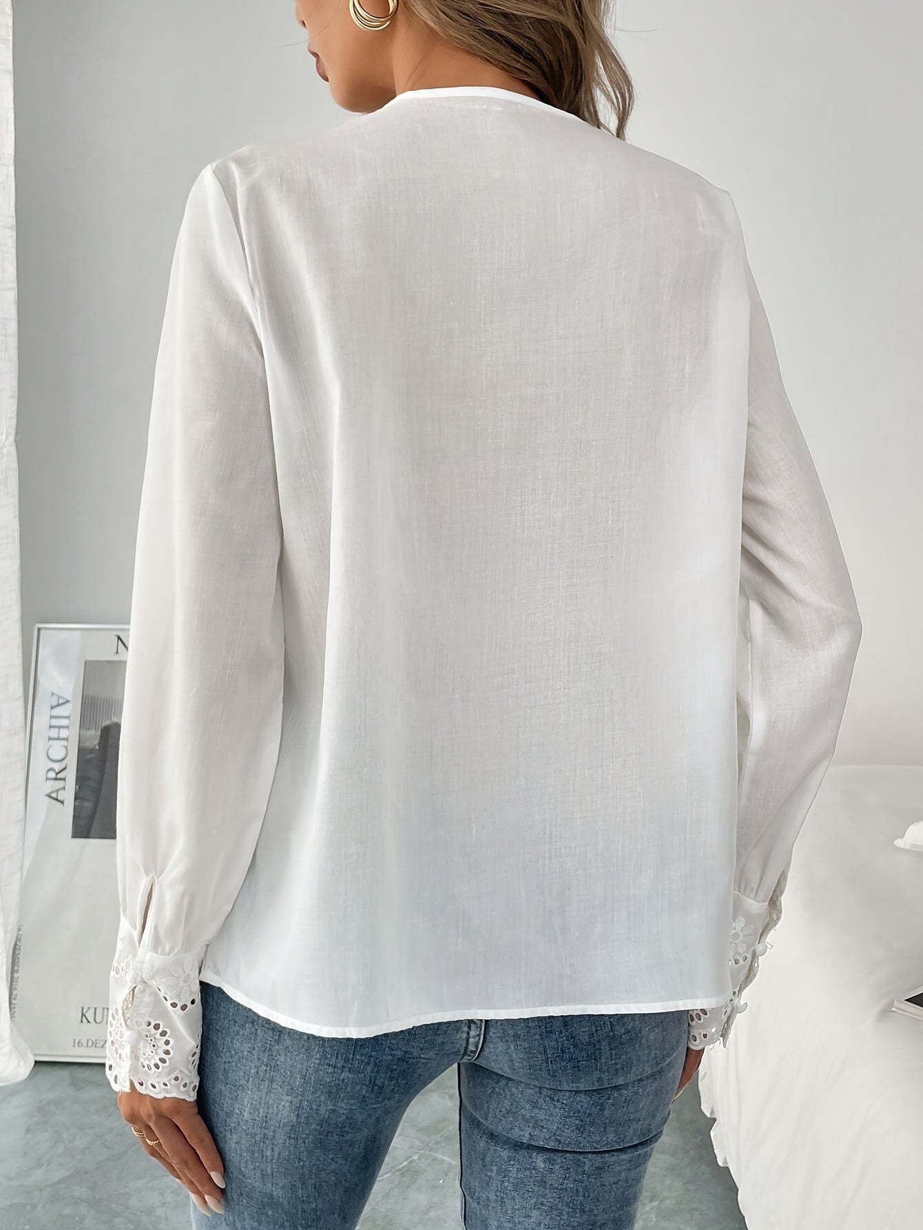 Women's Elegant V-Neck Long Sleeve Embroidered Ruffle Neck Blouse - Lightweight Woven Polyester for Spring/Summer