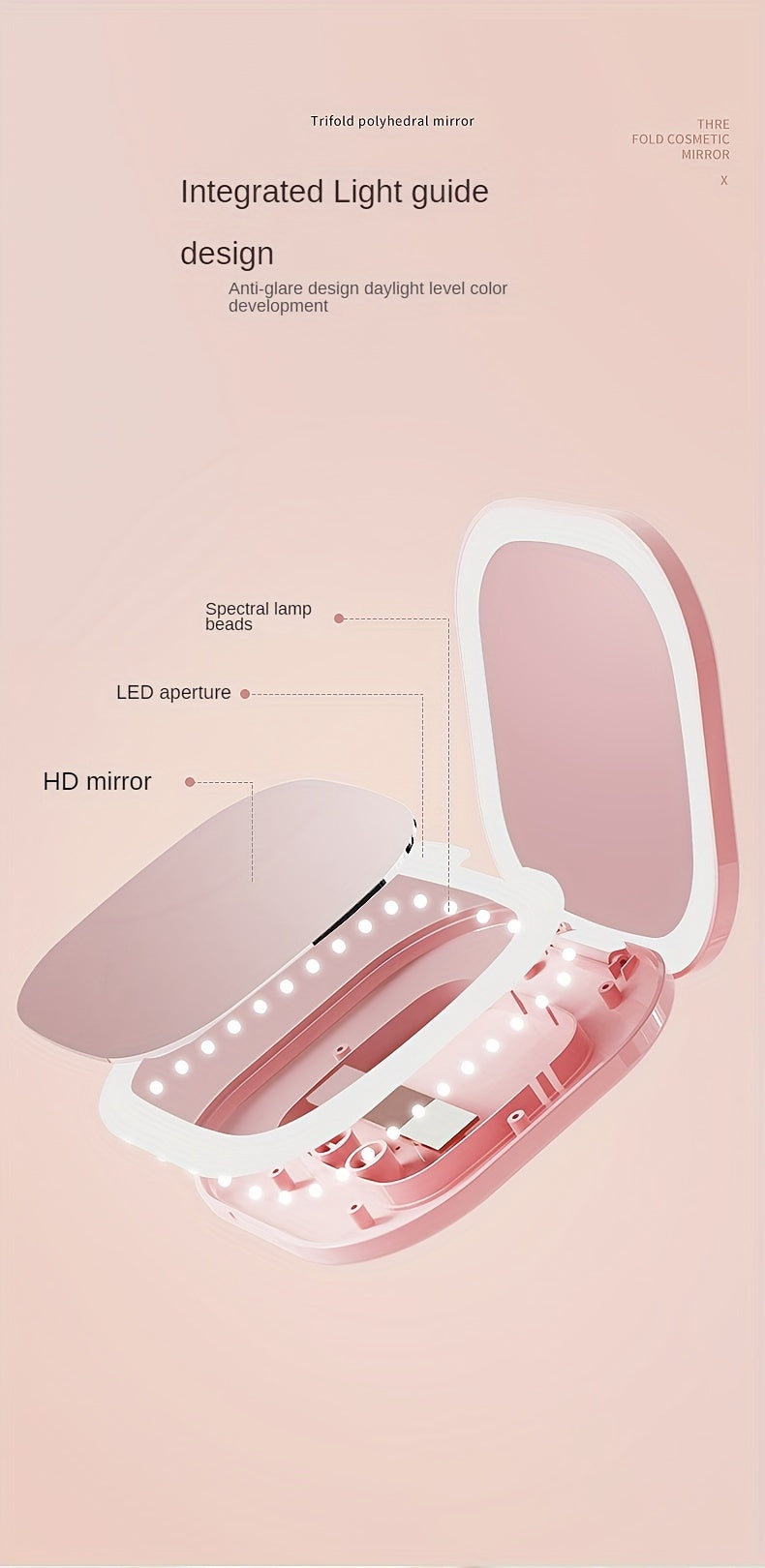 Foldable LED Travel Makeup Mirror - Double-Sided 1X/2X/3X Magnification, Adjustable Brightness, Rechargeable USB Pocket Mirror