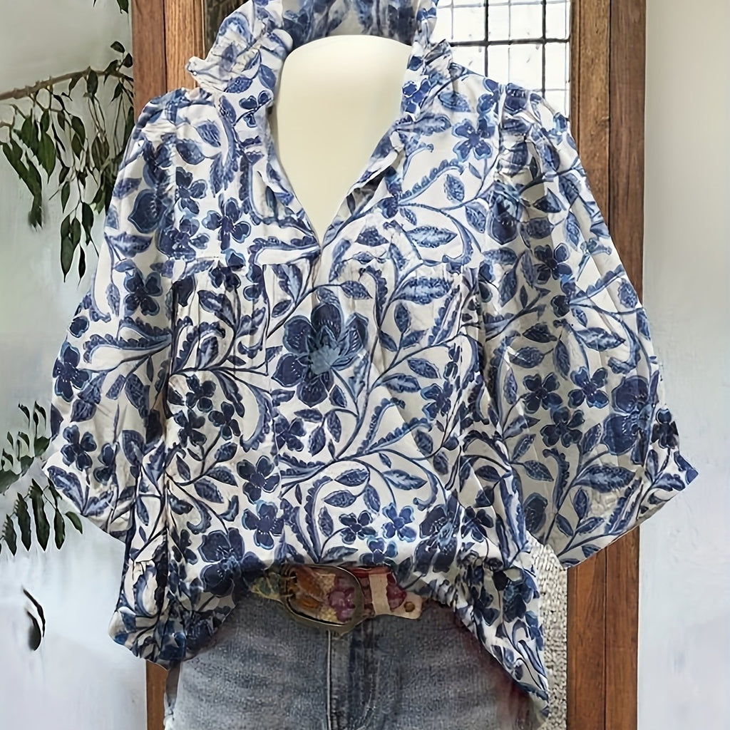 Women's Elegant Floral Short Sleeve Blouse - Stand Collar Lightweight Polyester Top for Spring/Summer/Fall