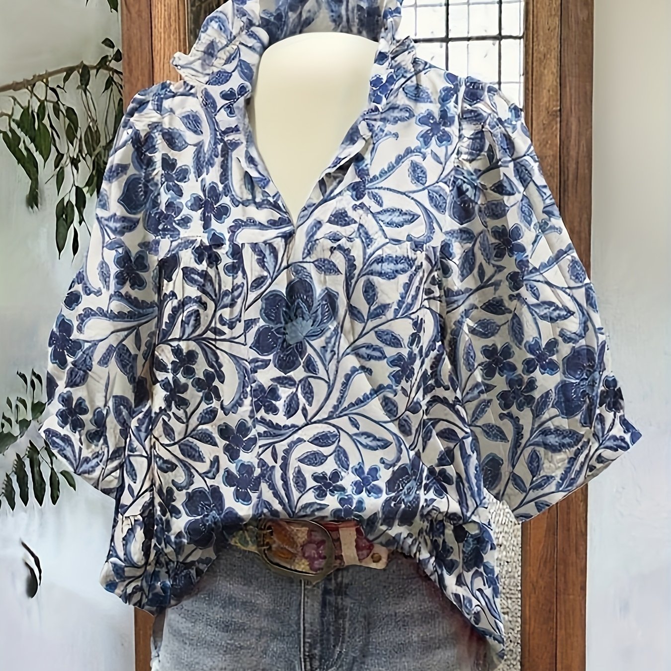 Women's Elegant Floral Short Sleeve Blouse - Stand Collar Lightweight Polyester Top for Spring/Summer/Fall