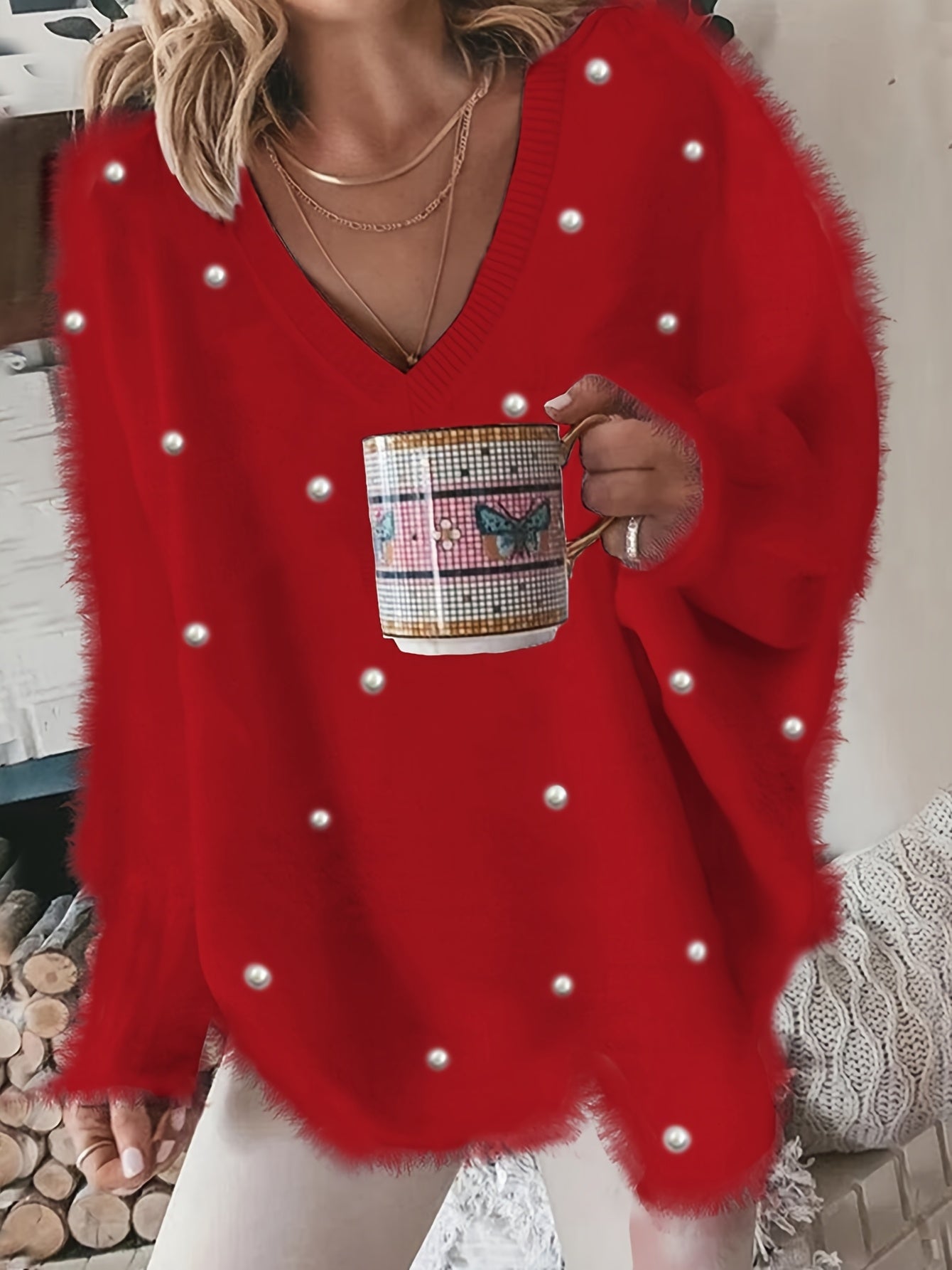 Plus Size V-Neck Sweater – Yellow Geometric Knit with Pearl Buttons & Fleece-Lined Cuffs, Asymmetrical Hem