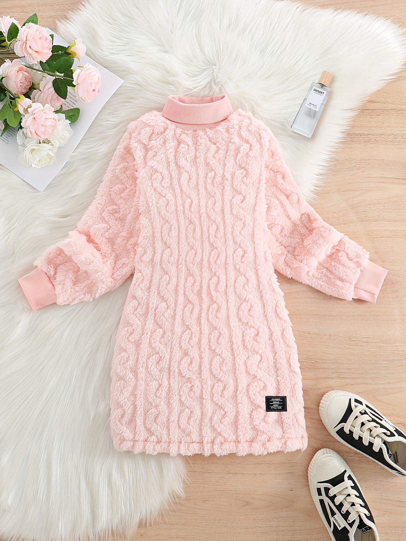 Girls' Mustard Yellow Fleece Cable Knit Dress - Long Sleeve Casual Fall/Winter, Machine Washable