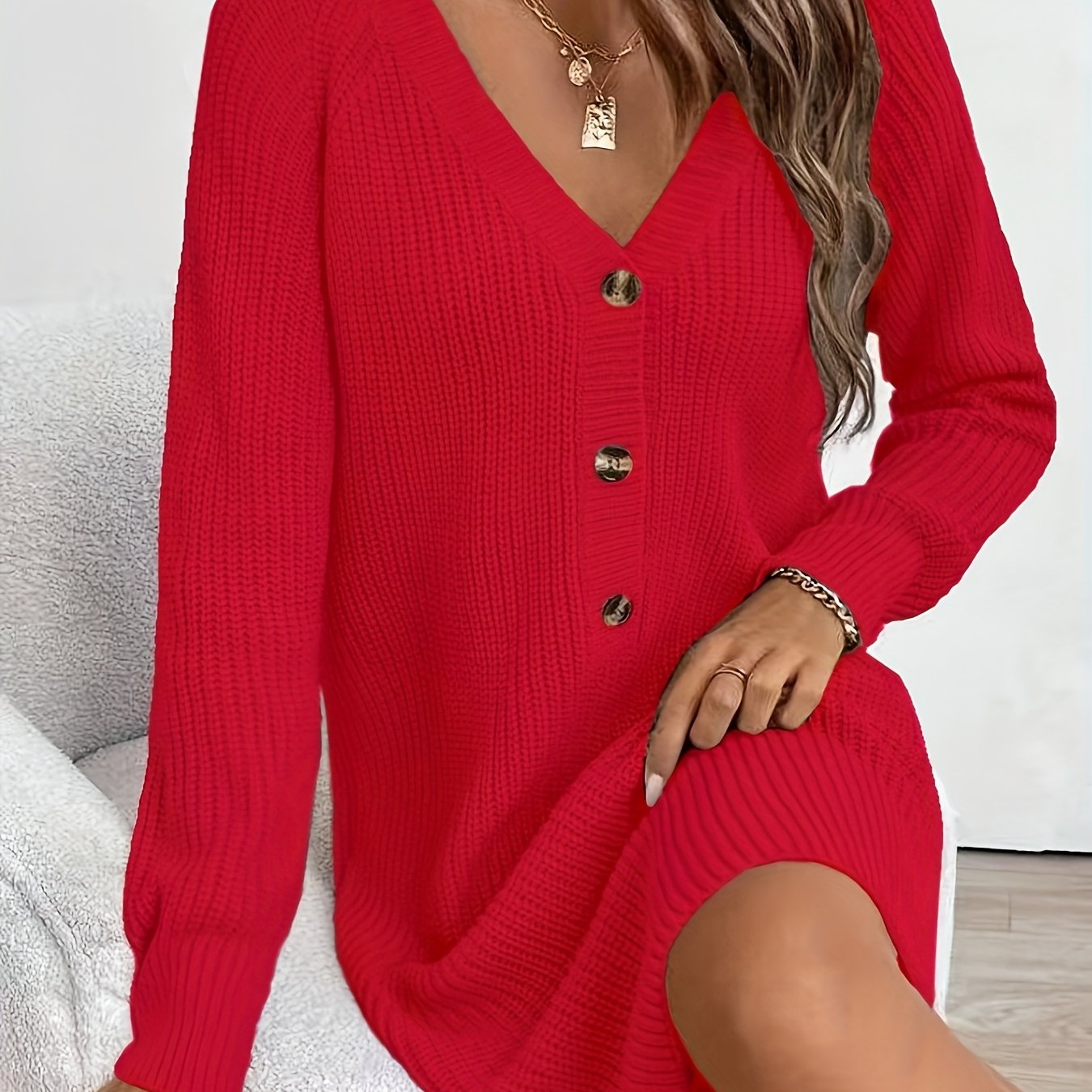 Plus Size Olive V-Neck A-Line Sweater Dress - Short Sleeve Single-Button Closure, Machine Washable Knit for Office & Semi-Formal