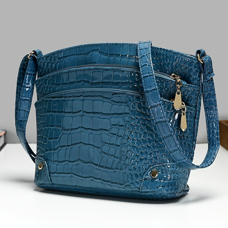 Crocodile Pattern PU Women's Shoulder & Crossbody Bag - Multi-Layer Large Capacity Bucket Bag