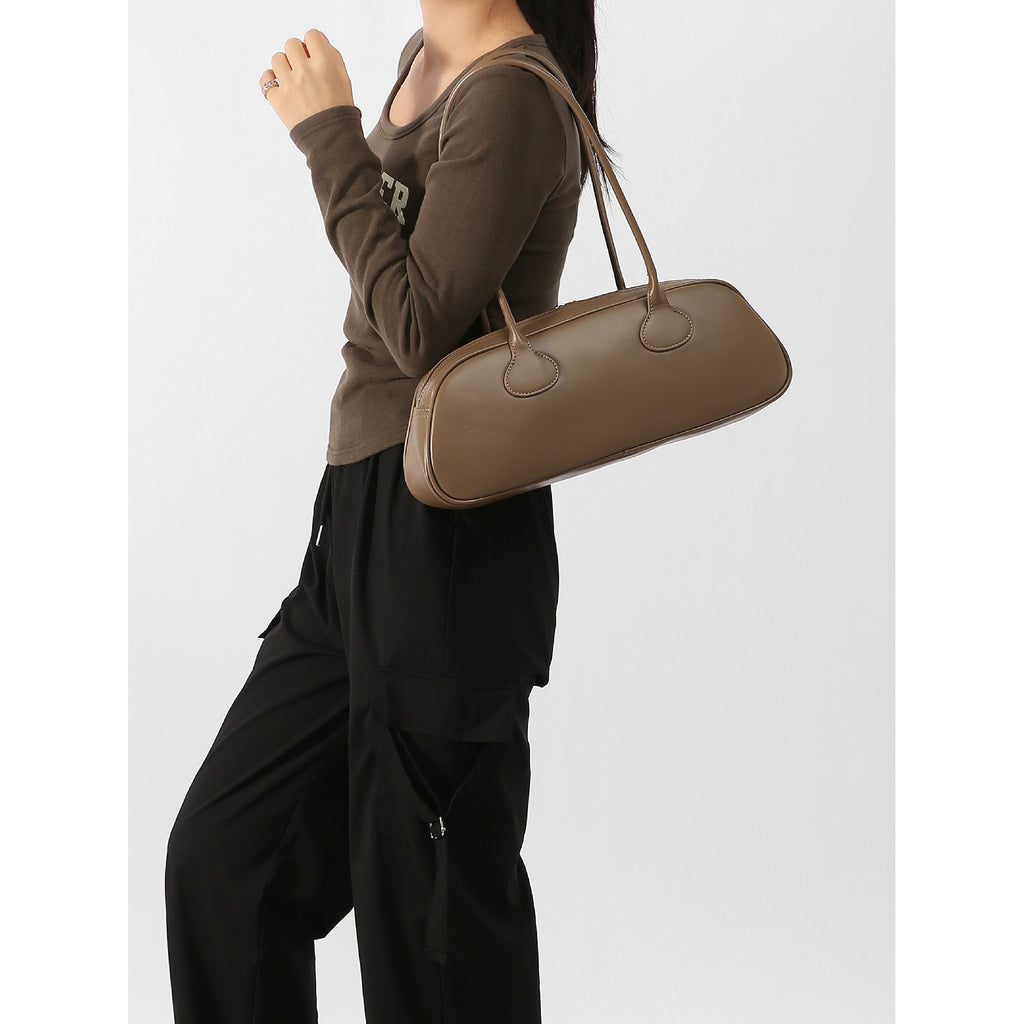 Women's Light Beige Baguette Handbag – Large Capacity Layered Korean Retro Vintage Bag with Buckle Closure, Split Leather