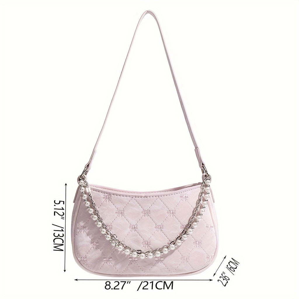 Pink Quilted Butterfly Baguette Bag with Pearl Chain – Detachable Shoulder Crossbody Purse, Diamond Pattern Elegant Women's Handbag