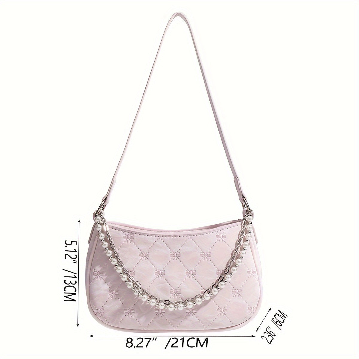 Pink Quilted Butterfly Baguette Bag with Pearl Chain – Detachable Shoulder Crossbody Purse, Diamond Pattern Elegant Women's Handbag