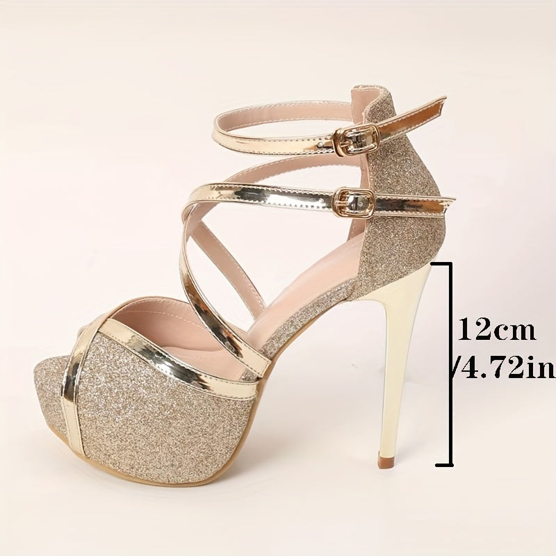 Glitter D'Orsay Stiletto Heels with Ankle Strap, Chunky Platform, Round Toe Pumps
