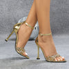 Gold-Plated Kitten Heels for Women – Ankle Strap, Square Toe, Rhinestone Embellished, TPU Sole, Faux Upper, All-Season