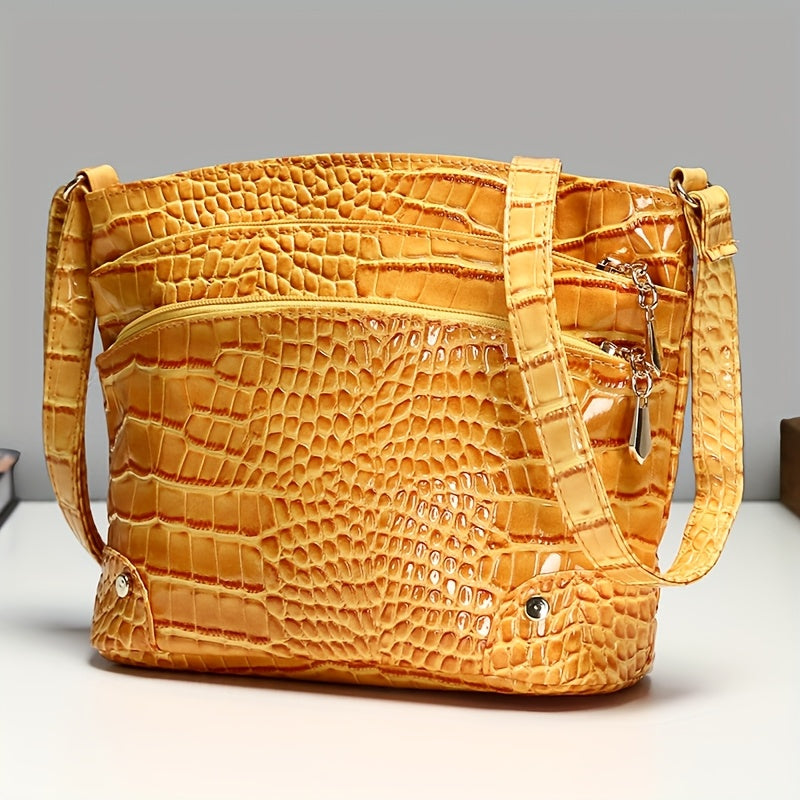 Crocodile Pattern PU Women's Shoulder & Crossbody Bag - Multi-Layer Large Capacity Bucket Bag