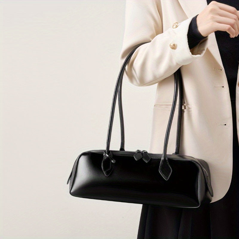 Genuine Leather Baguette Shoulder Bag for Women - Large Capacity Zipper Handbag, Lightweight Everyday Purse