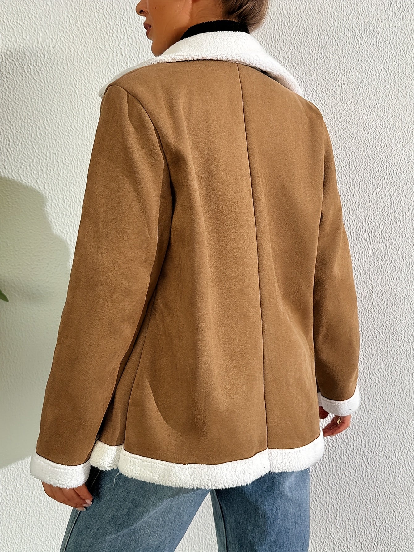 Women's Faux Fur Trim Jacket – Minimalist Elegant Faux Leather Outerwear, Warm & Machine Washable